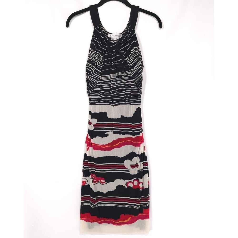 KAY UNGER NEW YORK Size SMALL Black Dress Red White Motifs Flowers